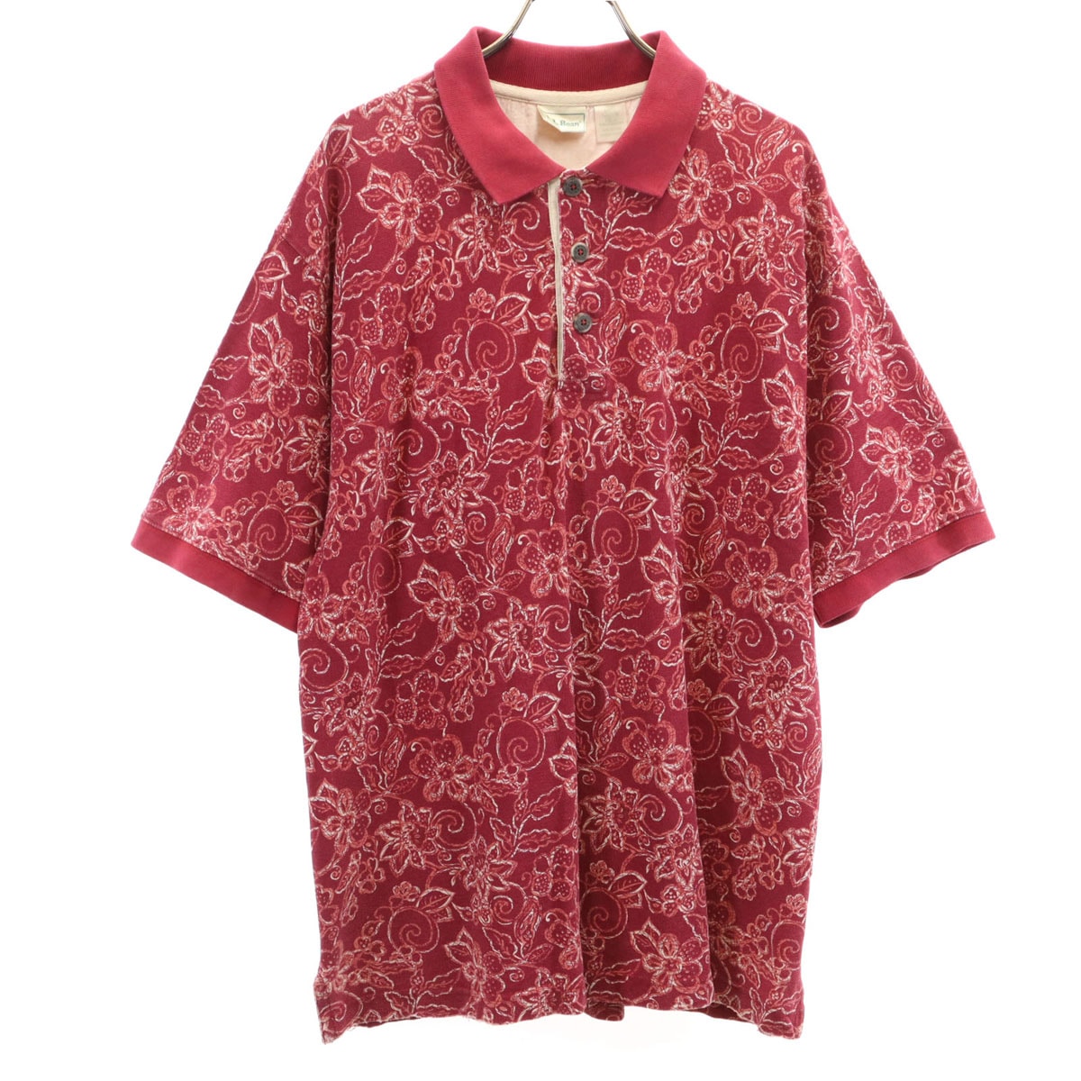 L.L.Bean エルエルビーン 80s 90s オールド 花柄 半袖 ポロシャツ M レッド 鹿の子 アウトドア