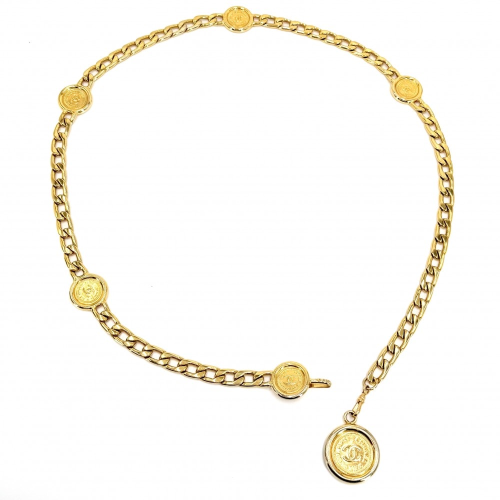 CHANEL シャネル ベルト ココマーク チェーンベルト ヴィンテージ ラウンドメダル カンボン アクセサリー ファッションアイテム 95A GP    ゴールド レディース 1995年【中古品】