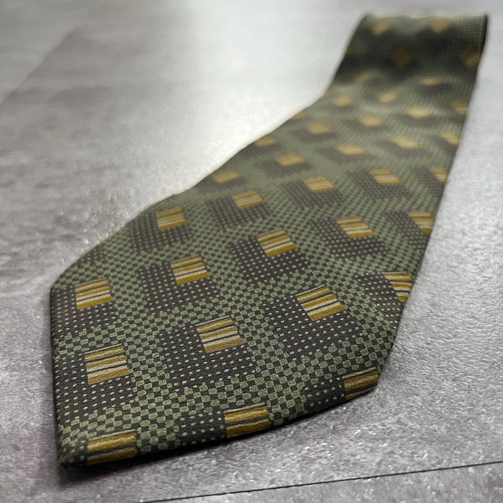 【GIORGIO ARMANI】ジョルジオアルマーニ ネクタイ チェック 市松 ドット柄 幾何学模様 小紋 総柄 シルク100% グリーン イエロー メンズ