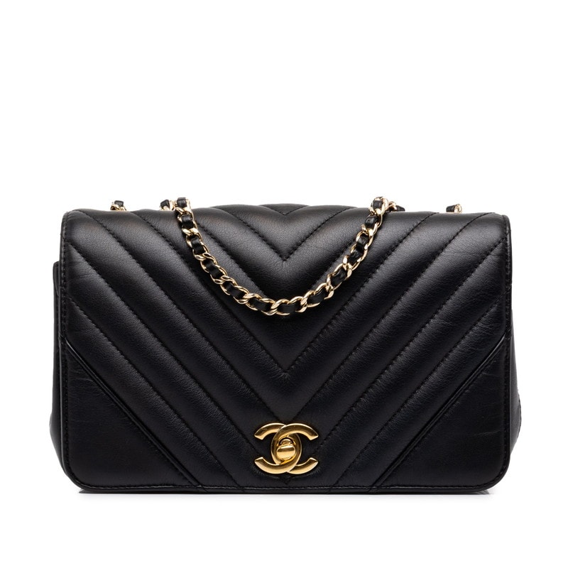 シャネル ココマーク シェブロン Vステッチ チェーン ショルダーバッグ ブラック ゴールド金具 ラムスキン レディース CHANEL 中古