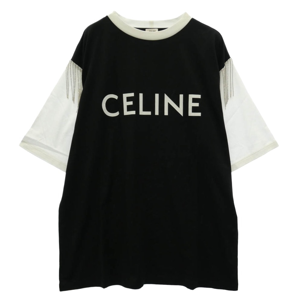 CELINE セリーヌ 22AW 2X29C671Q Fringe Oversized Logo Print T-Shirt フリンジ ビジュー オーバーサイズ ロゴ プリント Tシャツ ブラック系 XS【新古品】【未使用】【中古】