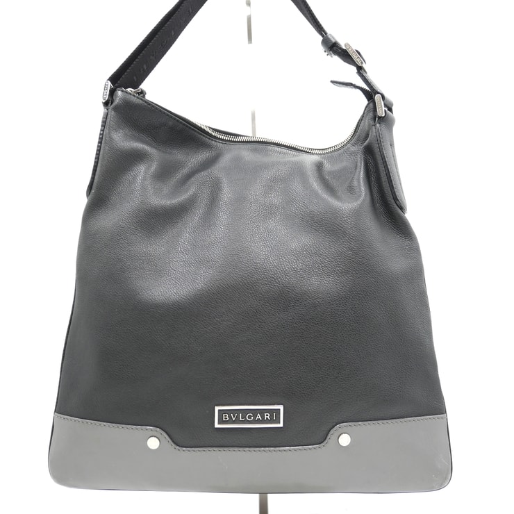 BVLGARI(ブルガリ)アーバン ショルダーバッグ ブラック グレー レザー ロゴプレート シルバー金具 32314 レディース【中古】