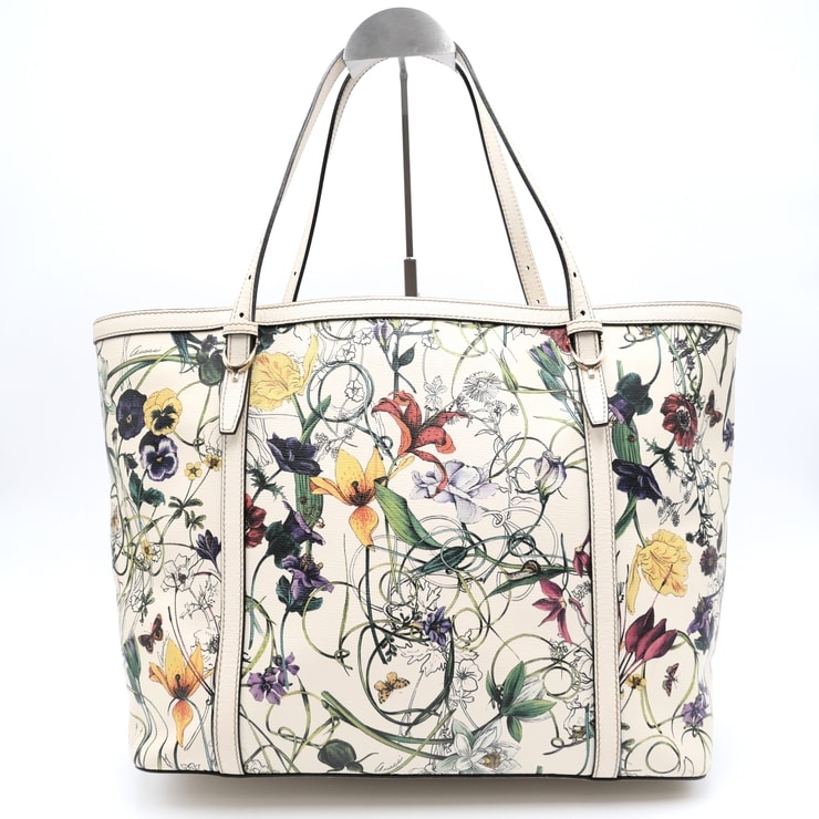 GUCCI(グッチ)フローラ トートバッグ フローラル 花柄 マルチカラー ホワイト系 レザー ゴールド金具 レディース【中古】