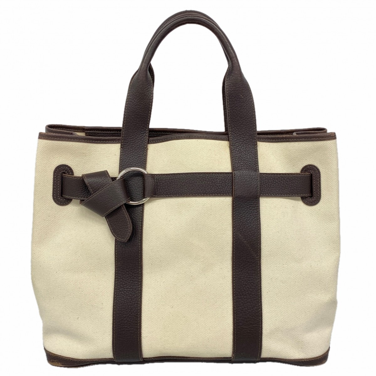 【6ce6139】エルメス トートバッグ プティットサンチュールMM キャンバス ブラウン シルバー金具 □K刻印【中古】メンズ レディース ユニセックス