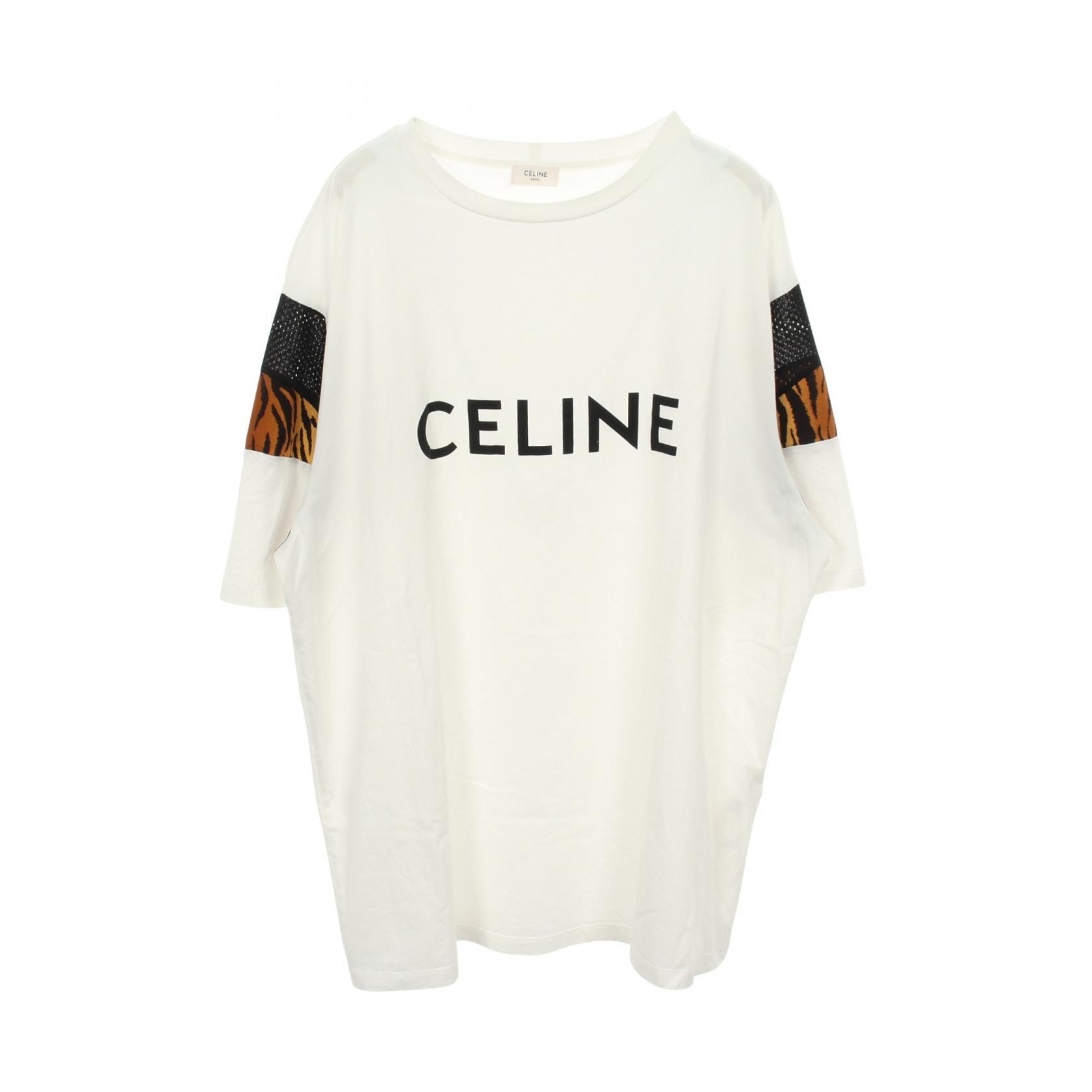 セリーヌ CELINE ロゴ プリント メッシュトリム レオパード オーバーサイズ 半袖Tシャツ 衣料品 トップス コットン メンズ ホワイト系 2X50A671Q 【中古】
