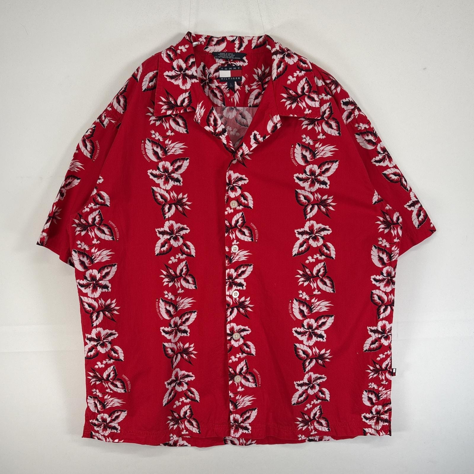 古着 90's/90年代 トミーヒルフィガー TOMMY HILFIGER 半袖シャツ 花 ハイビスカス アロハ オープンカラー L  レッド 総柄 メンズ