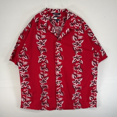 古着 90's/90年代 トミーヒルフィガー TOMMY HILFIGER 半袖シャツ 花 ハイビスカス アロハ オープンカラー L レッド 総柄 メンズ