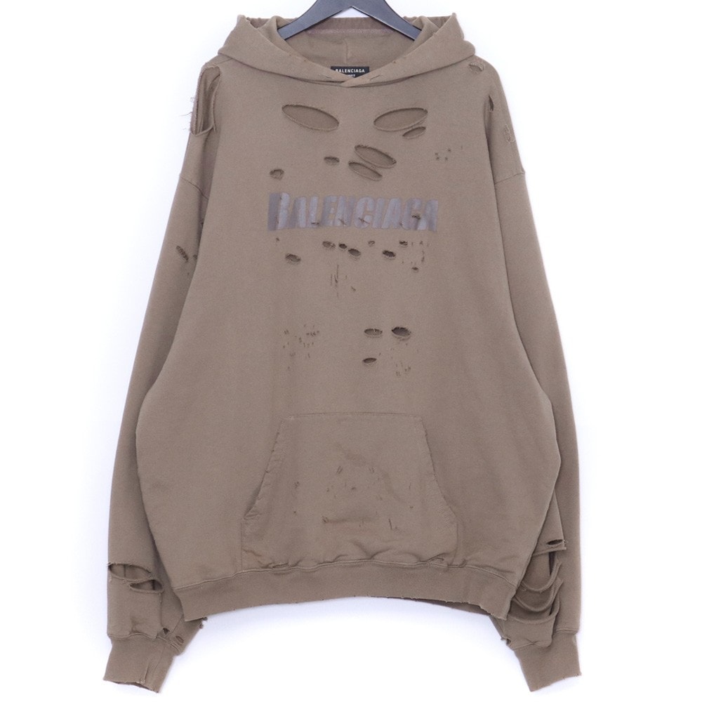 BALENCIAGA MENS Caps Destroyed Hoodie "Dark Beige"
