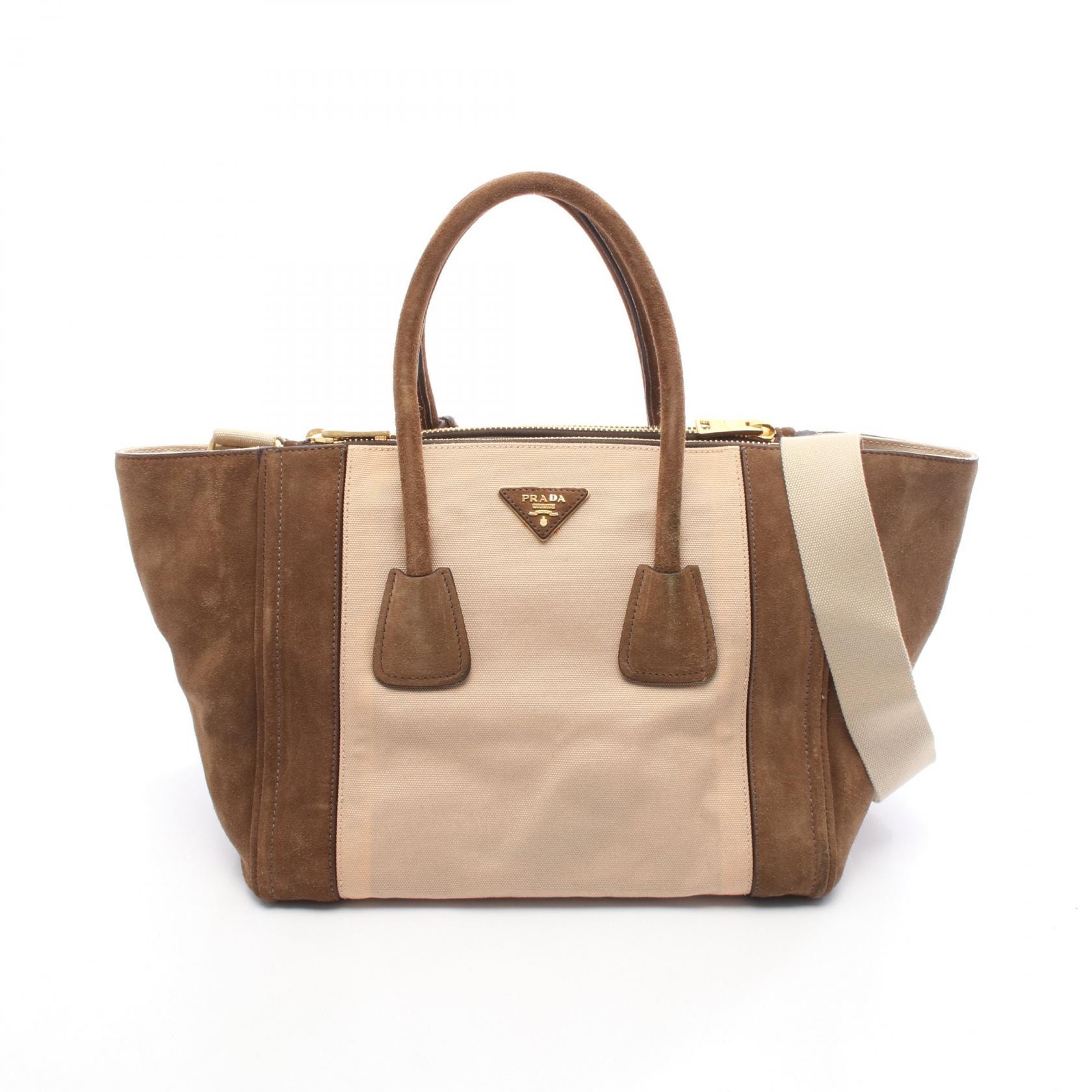 プラダ PRADA CANAPA+SCAMOSCIA ハンドバッグ バッグ キャンバス スウェード レディース ベージュ系 / ブラウン系 【中古】