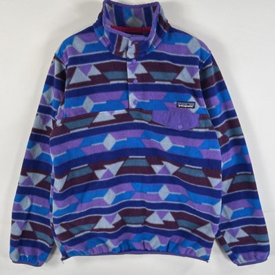 古着 パタゴニア patagonia フリースジャケット シンチラ ハーフボタン フラップポケット ワンポイントロゴ S ブルー系 総柄 レディース