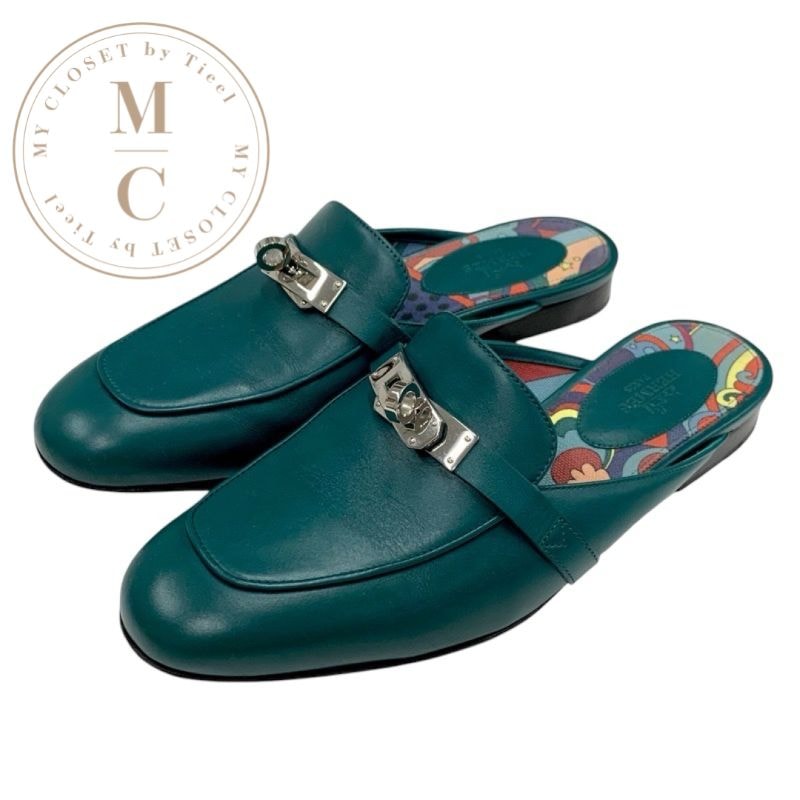 エルメス HERMES オズ フラットシューズ 靴 シューズ レザー グリーン シルバー ミュール スリッパサンダル ケリー金具
