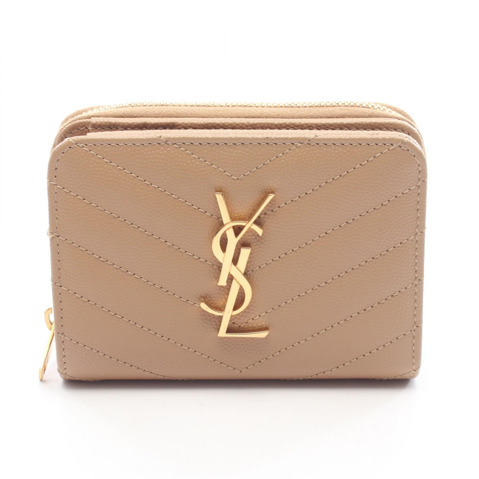 サンローランパリ SAINT LAURENT PARIS モノグラム サンローラン コンパクト フルジップウォレット 二つ折り財布 財布 レザー レディース ベージュ系 403723 【中古】
