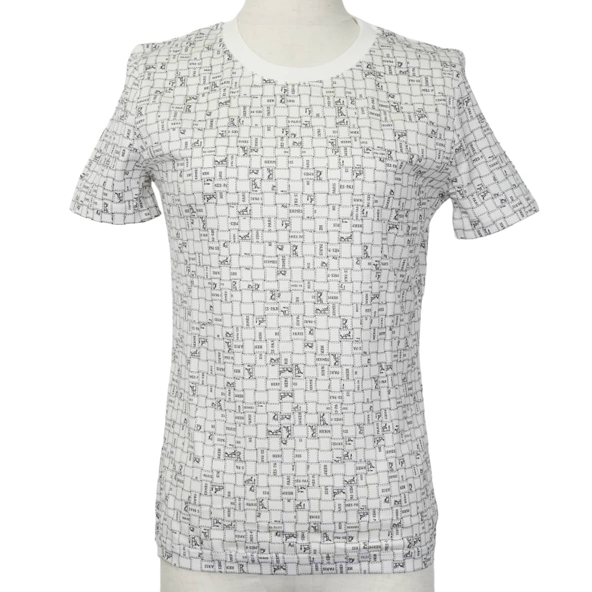 【渋谷並木橋店】HERMES エルメス 半袖Tシャツ ボルデュック・チェック 白 (ホワイト)/黒 (ブラック) コットン100% 34 新品未使用
