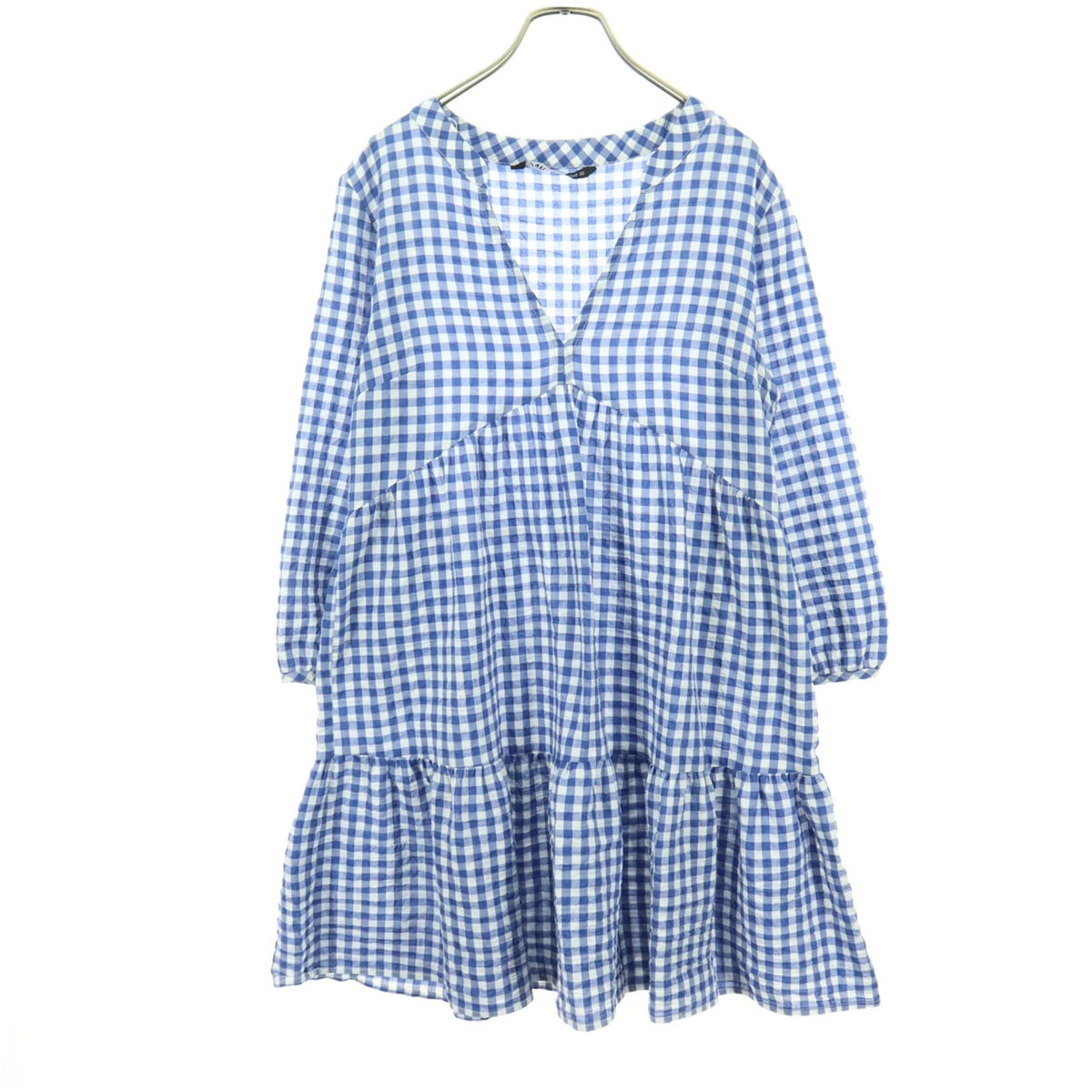 美品 ZARA ザラ ギンガムチェック柄 長袖 Vネック 膝丈ワンピース XS ブルー