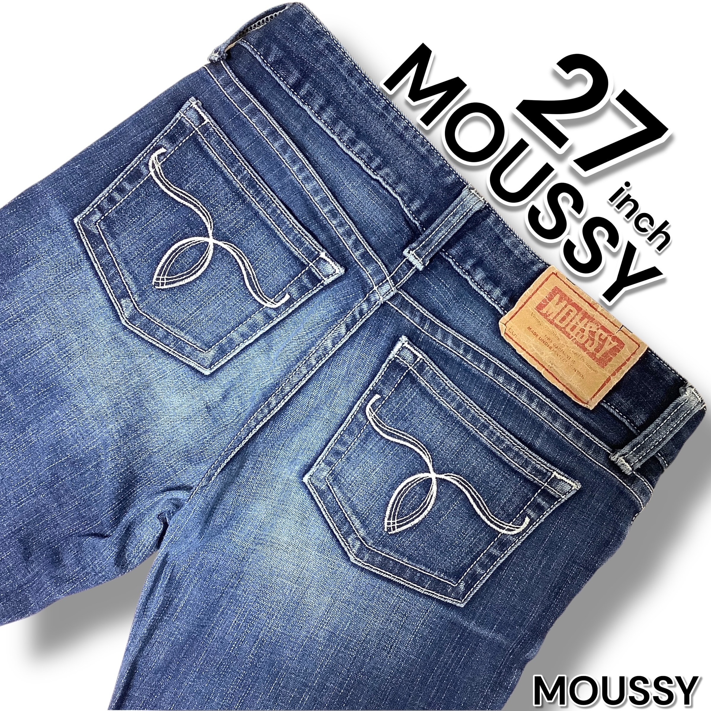 【希少】 MOUSSY デニム 27inch Y2K ローライズ 平成ギャル ジーンズ マウジー 通年 スキニー 可愛い オシャレ ホワイトステッチ