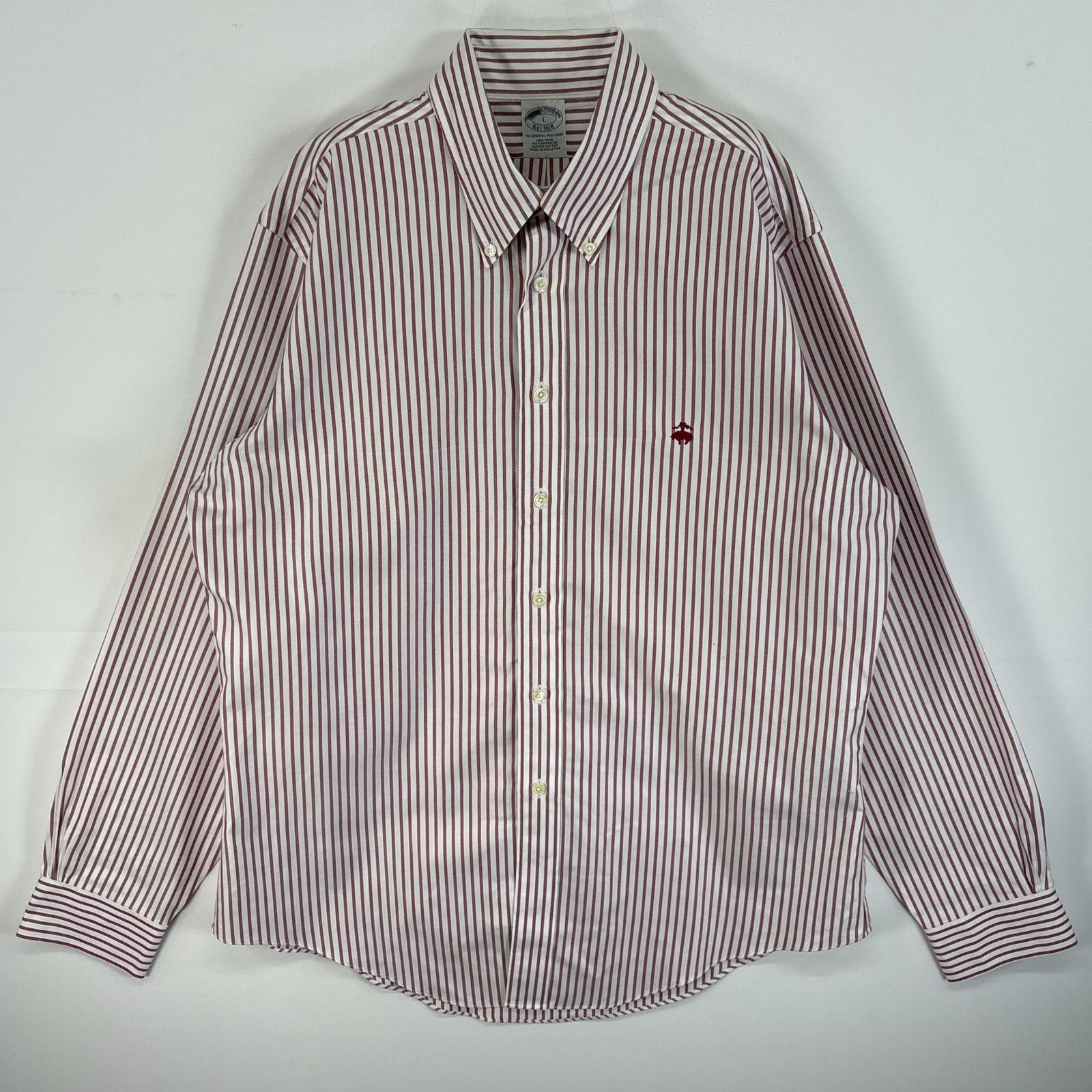 古着 ブルックスブラザーズ Brooks Brothers 長袖シャツ ロゴ 刺繍 NON-IRON ボタンダウンシャツ L レッド系 ストライプ メンズ