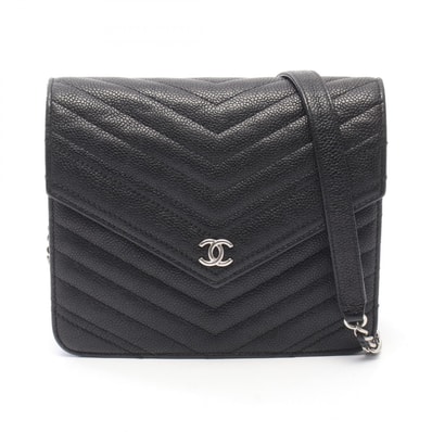 シャネル CHANEL シェブロン Vステッチ ショルダーバッグ バッグ キャビアスキン(グレインドカーフ) レディース ブラック系 A84350 【中古】