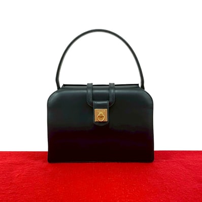 CELINE セリーヌ ロゴ リング金具 カーフ レザー ハンドバッグ ブラック
79342