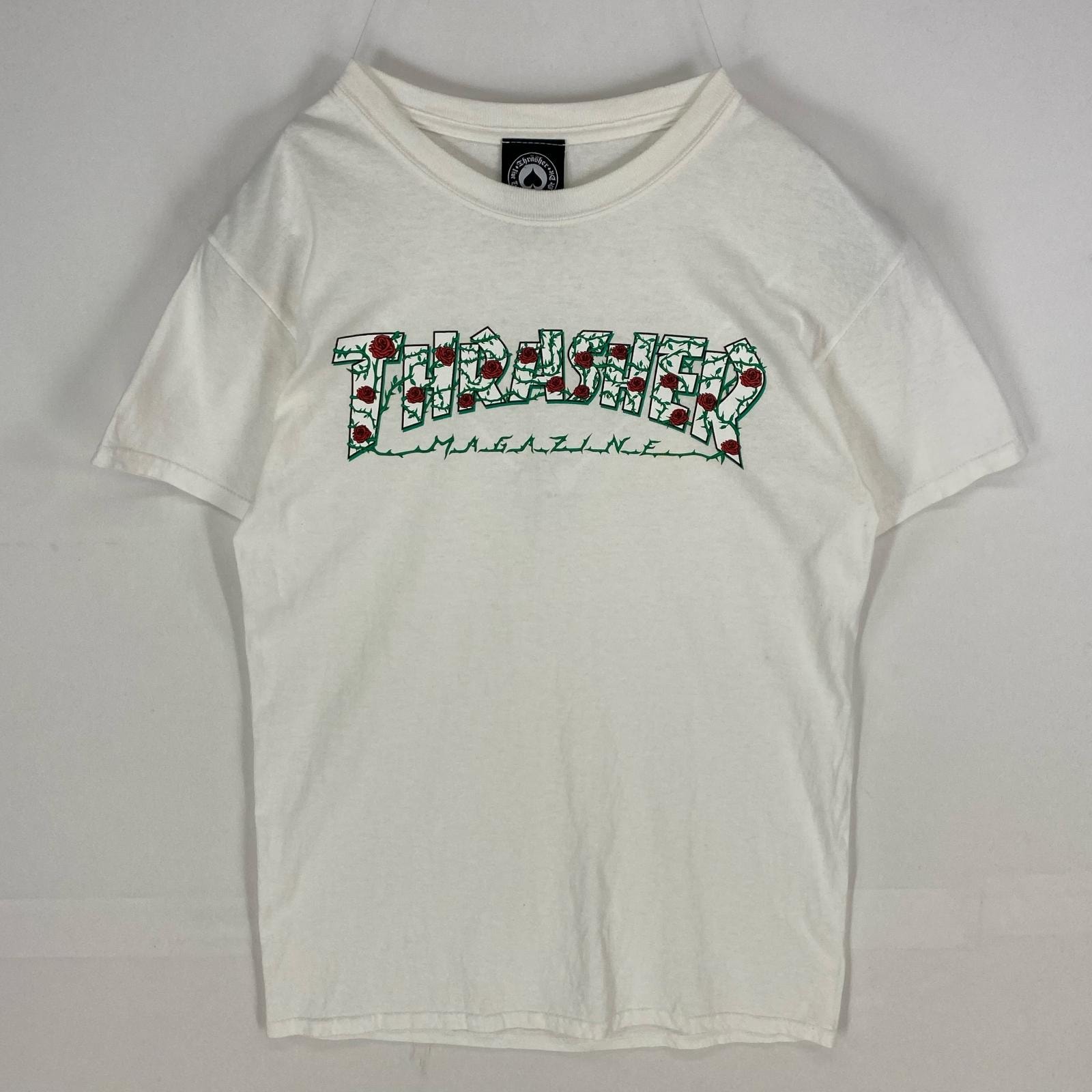古着 スラッシャー THRASHER 半袖Tシャツ クルーネック ビッグロゴ ローズ ショートスリーブ S ホワイト系 プリント メンズ