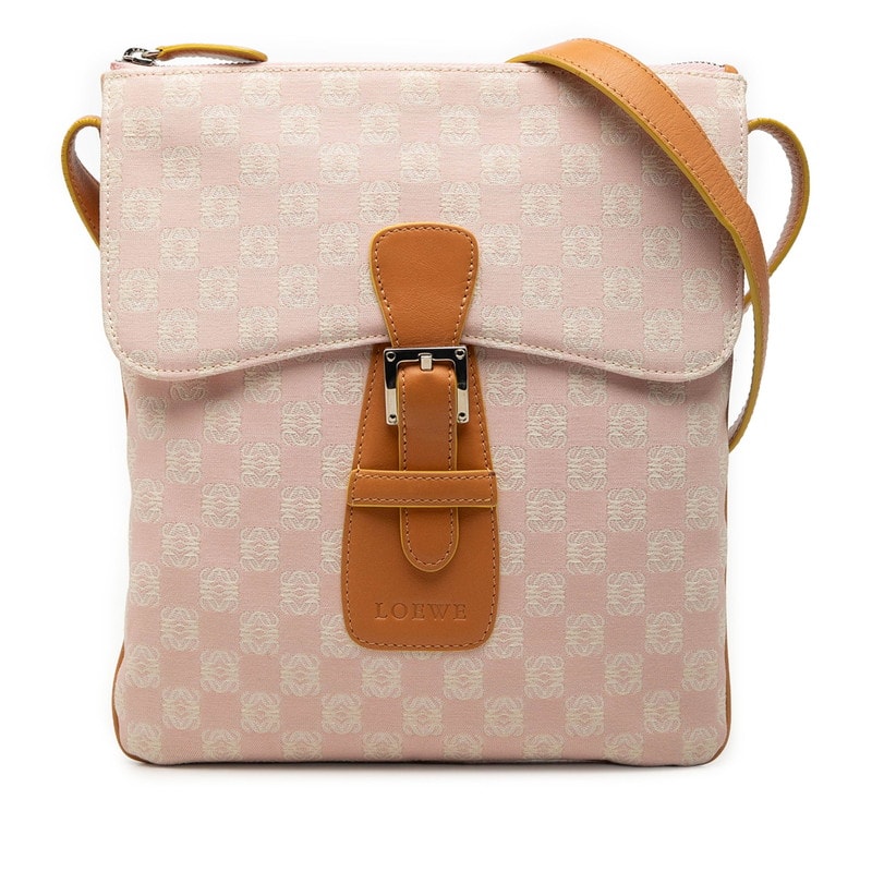 ロエベ アナグラム 斜め掛け ショルダーバッグ ピンク ブラウン レザー キャンバス レディース LOEWE 中古