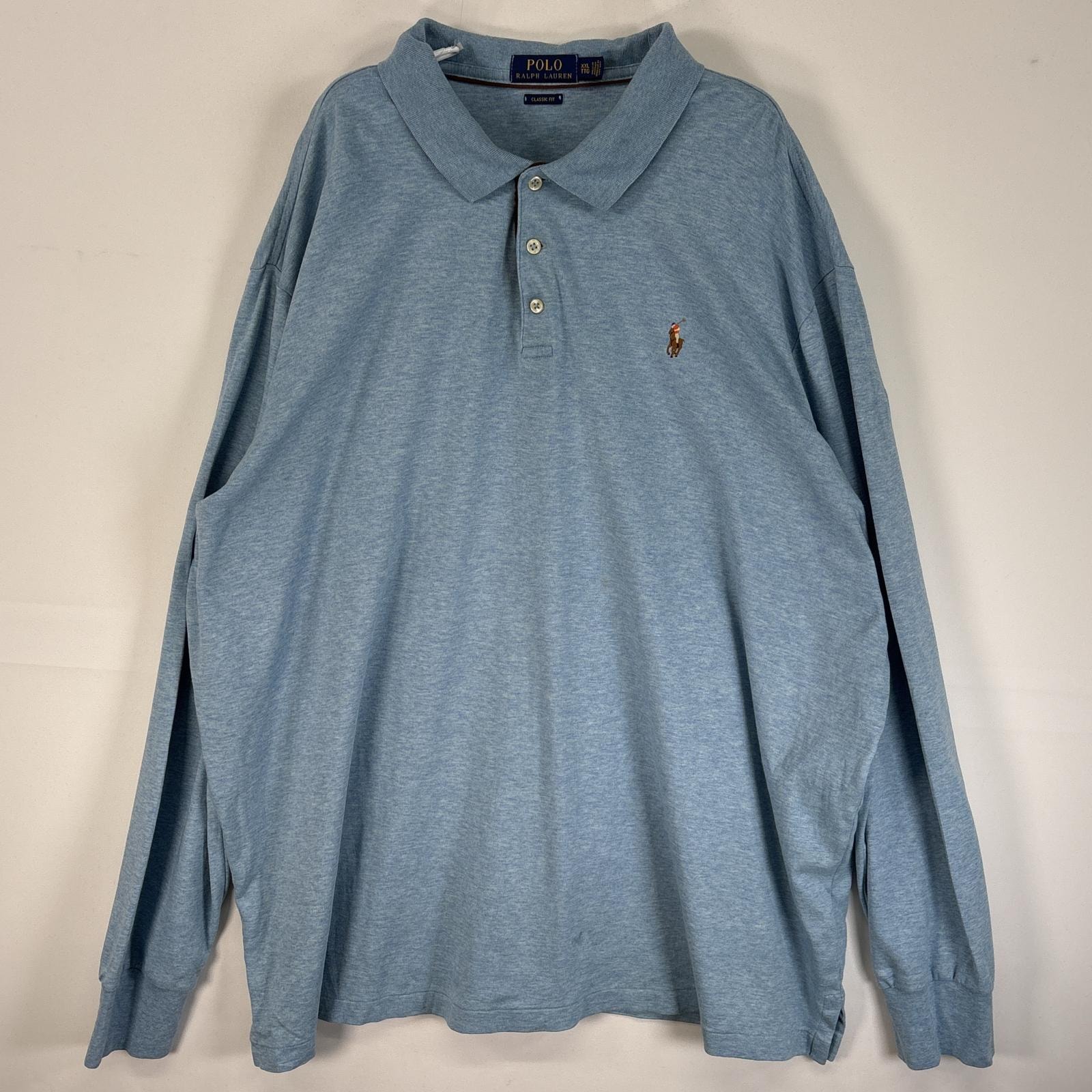 古着 ポロ・ラルフローレン POLO RALPH LAUREN 長袖 ポロシャツ ロゴ 刺繍 大きいサイズ 3ボタン 14041  水色 無地 メンズ