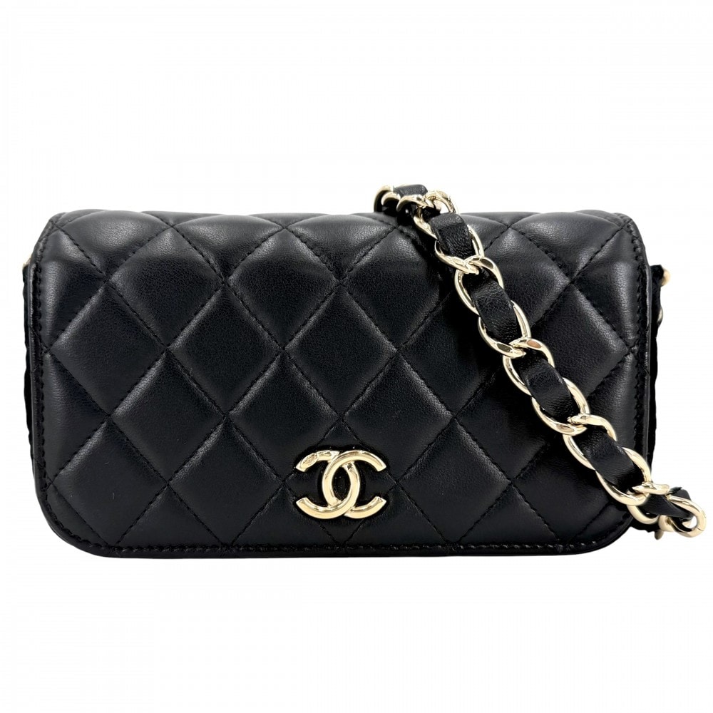 CHANEL シャネル ショルダーバッグ マトラッセ フラップフォンケース チェーンショルダー ニット 肩掛け 斜め掛け ココマーク ラムスキン    ブラック 黒 ゴールド金具 レディース【中古品】
