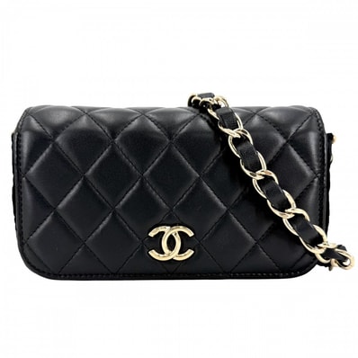 CHANEL シャネル ショルダーバッグ マトラッセ フラップフォンケース チェーンショルダー ニット 肩掛け 斜め掛け ココマーク ラムスキン ブラック 黒 ゴールド金具 レディース【中古品】