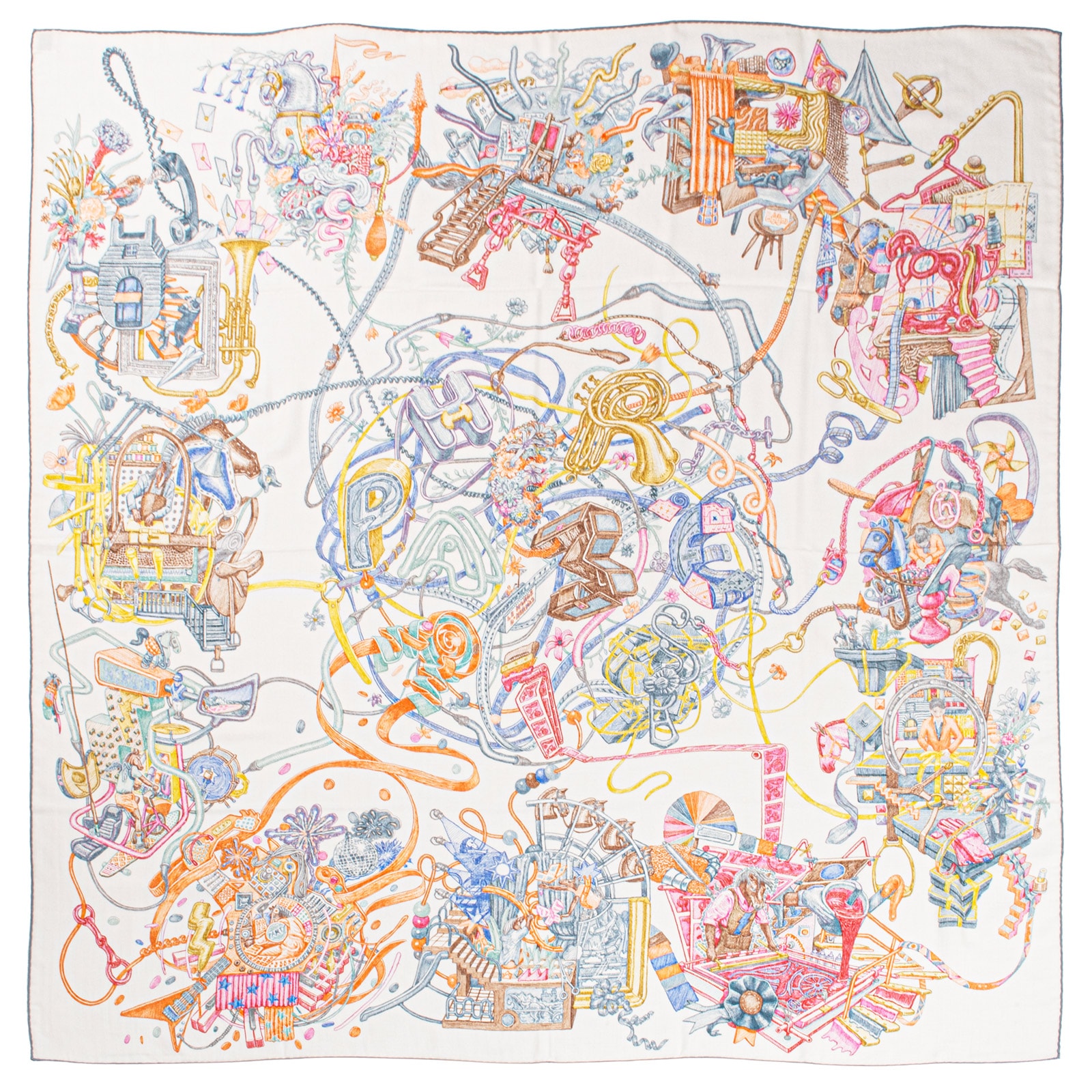HERMES エルメス スカーフ カレ140 カレジェアン Le Monde d'Hermes エルメスの世界 244230S 11 カシシル ストール ショール カシミヤ・シルク ホワイト マルチカラー【中古】