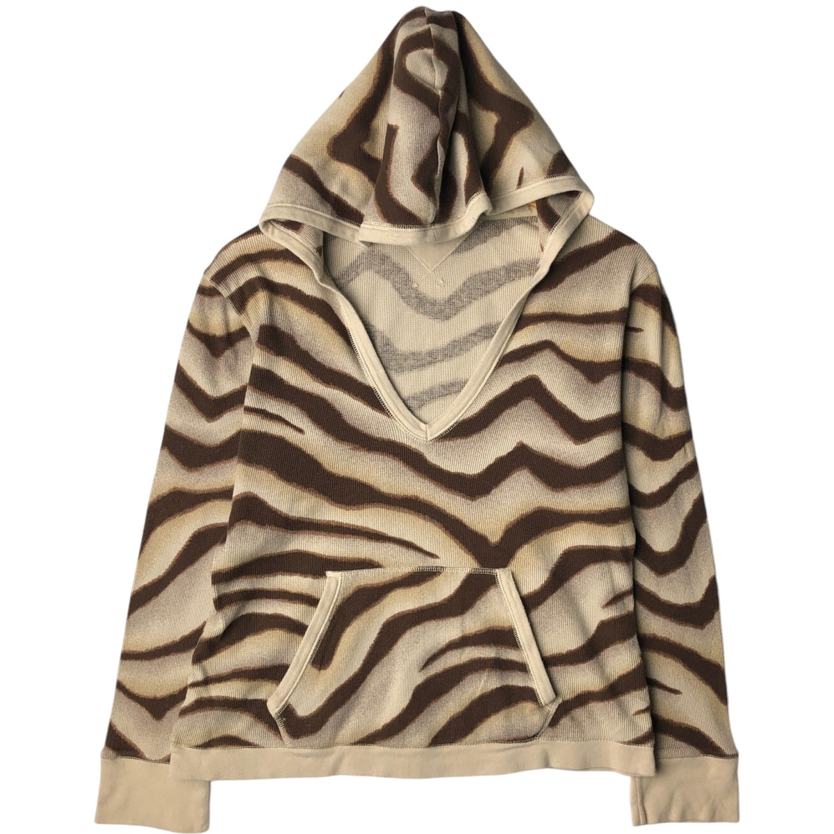 古着 ラルフローレン Ralph Lauren L-RL LAUREN ACTIVE 総柄 ゼブラ柄 Vネック フード付き サーマルロンT ワッフル レディースXL相当/eaa629168