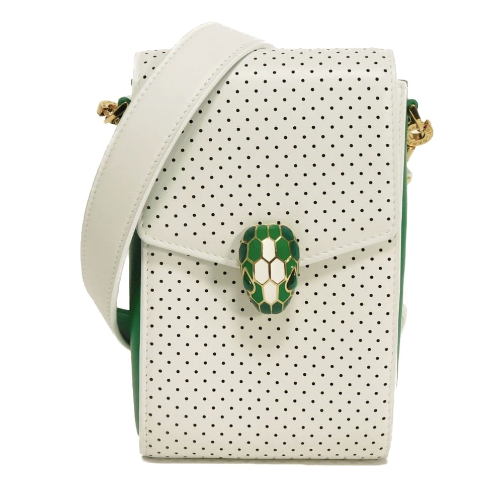 BVLGARI ブルガリ セルペンティ ヴァーティカル チェーン ポシェット スネークヘッド ロゴ 箔押し スムース パンチング テニスグリーン カードポケット RFID ICチップ 未使用 カサブランカ ホワイトアゲート ショルダーバッグ 292333