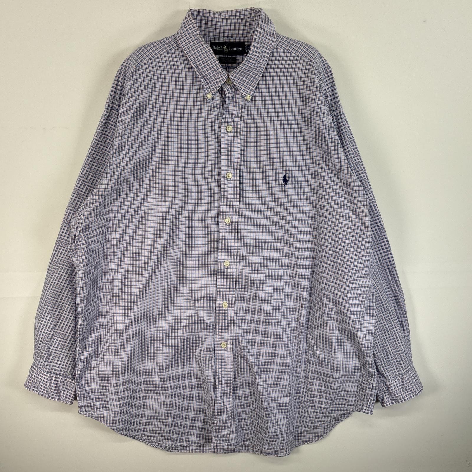 古着 90's/90年代 ラルフローレン RALPH LAUREN 長袖シャツ ロゴ 刺繍 チェック ボタンダウン 17 1/2 XL-2XL  パープル系 マルチカラー メンズ