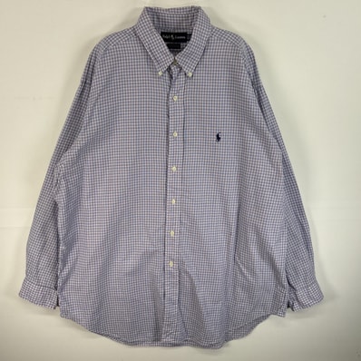 古着 90's/90年代 ラルフローレン RALPH LAUREN 長袖シャツ ロゴ 刺繍 チェック ボタンダウン 17 1/2 XL-2XL パープル系 マルチカラー メンズ