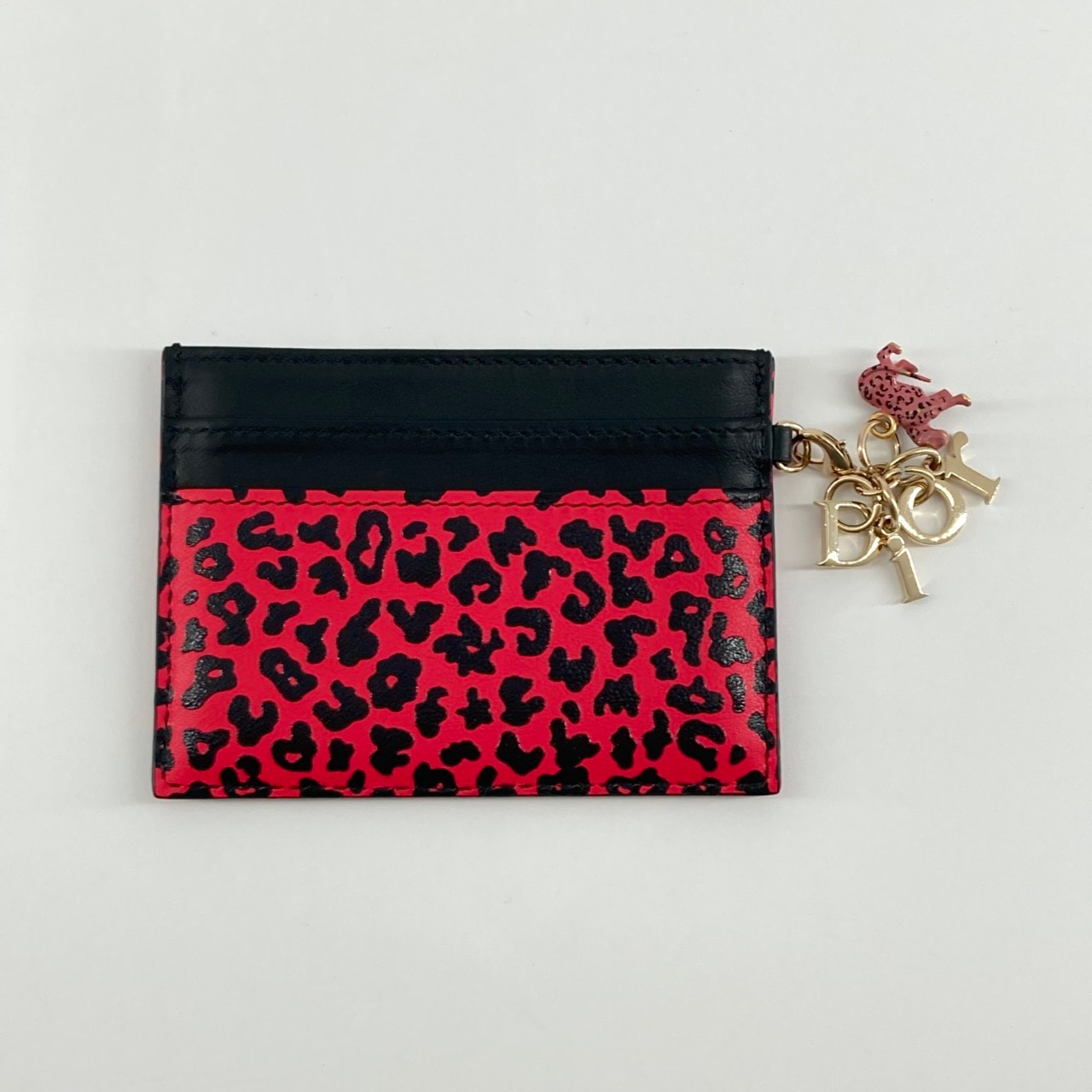 Christian Dior(クリスチャンディオール) レオパードプリント チャーム付き カードケース レッド×ブラック
