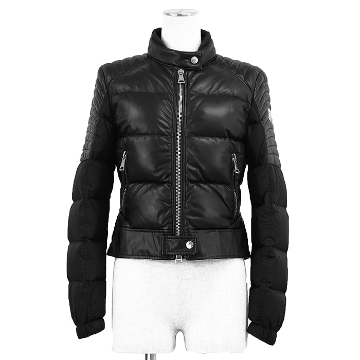 【美品】MONCLER モンクレール ダウンジャケット サイズ 0 レディース  レザー コンビネーション スタンドカラー ダブルジップ ライダースジャケット  軽量 アウター ブラック 黒 ハンガリー製