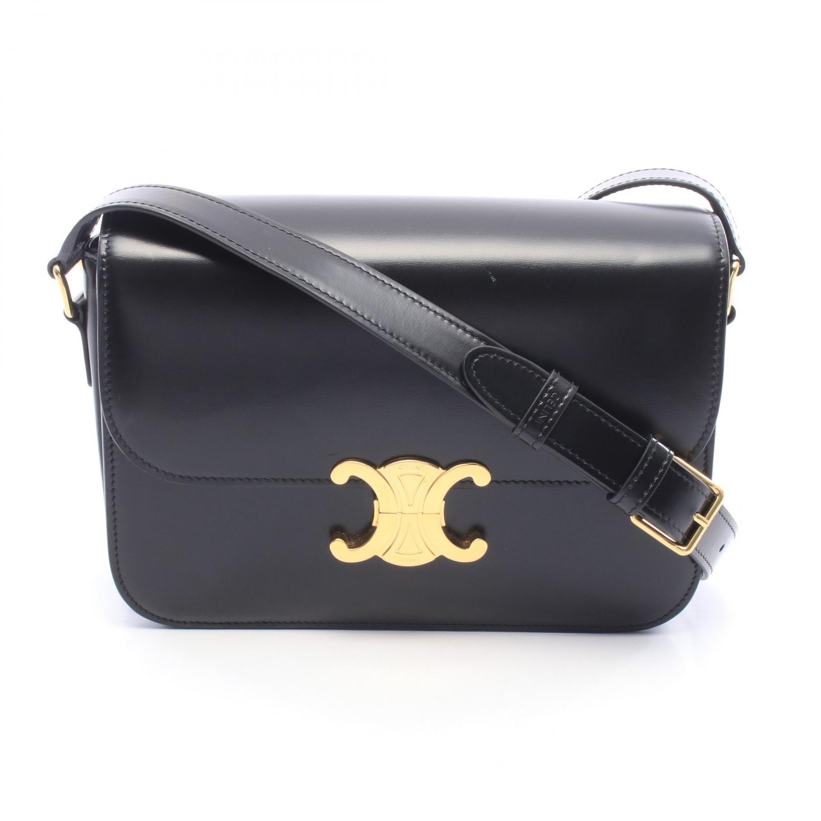 セリーヌ CELINE クラシック トリオンフ ミディアム ショルダーバッグ バッグ レザー レディース ブラック系 【中古】