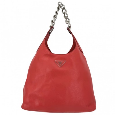 PRADA プラダ ハンドバッグ トライアングルロゴ チェーン 1BC026 レザー レッド 赤 シルバー金具 レディース【中古品】