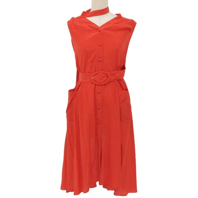 バレンシアガ 美品 シルク100% ベルテッド ドット ノースリーブ ワンピース レディース レッド 34 492105 17年 34
