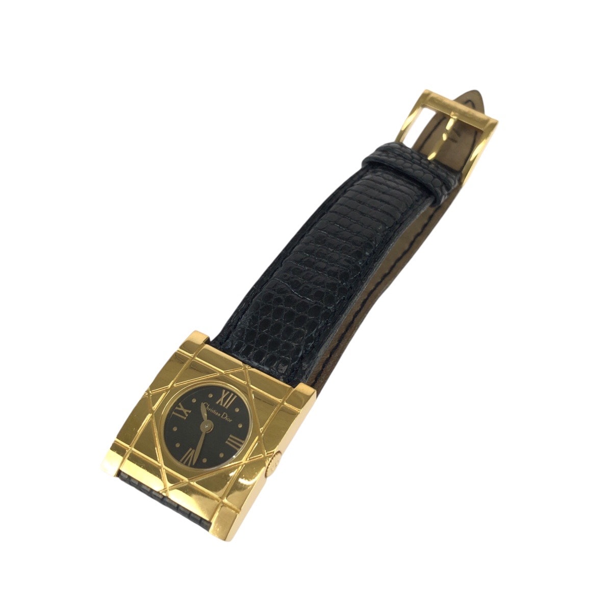 美品 Dior ディオール ヴィンテージ カナージュ クールカレ ブラック 黒 ゴールド金具 ステンレススチール レザー/ 腕時計 クオーツ ブラック文字盤 602983 【中古】