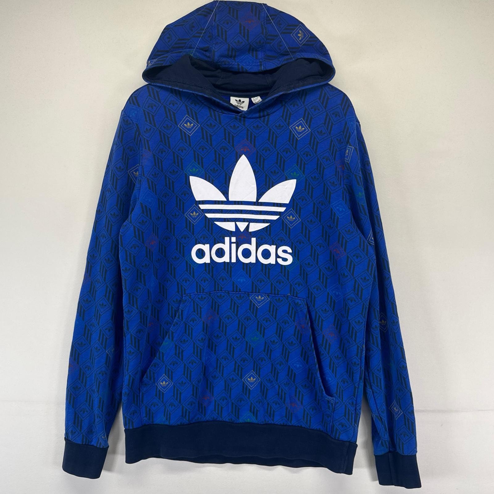 古着 アディダス adidas パーカー プルオーバー ビッグプリントロゴ スウェット キッズXL  ブルー系 総柄 キッズ