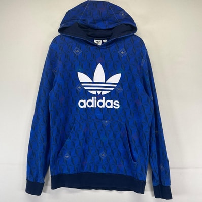 古着 アディダス adidas パーカー プルオーバー ビッグプリントロゴ スウェット キッズXL ブルー系 総柄 キッズ