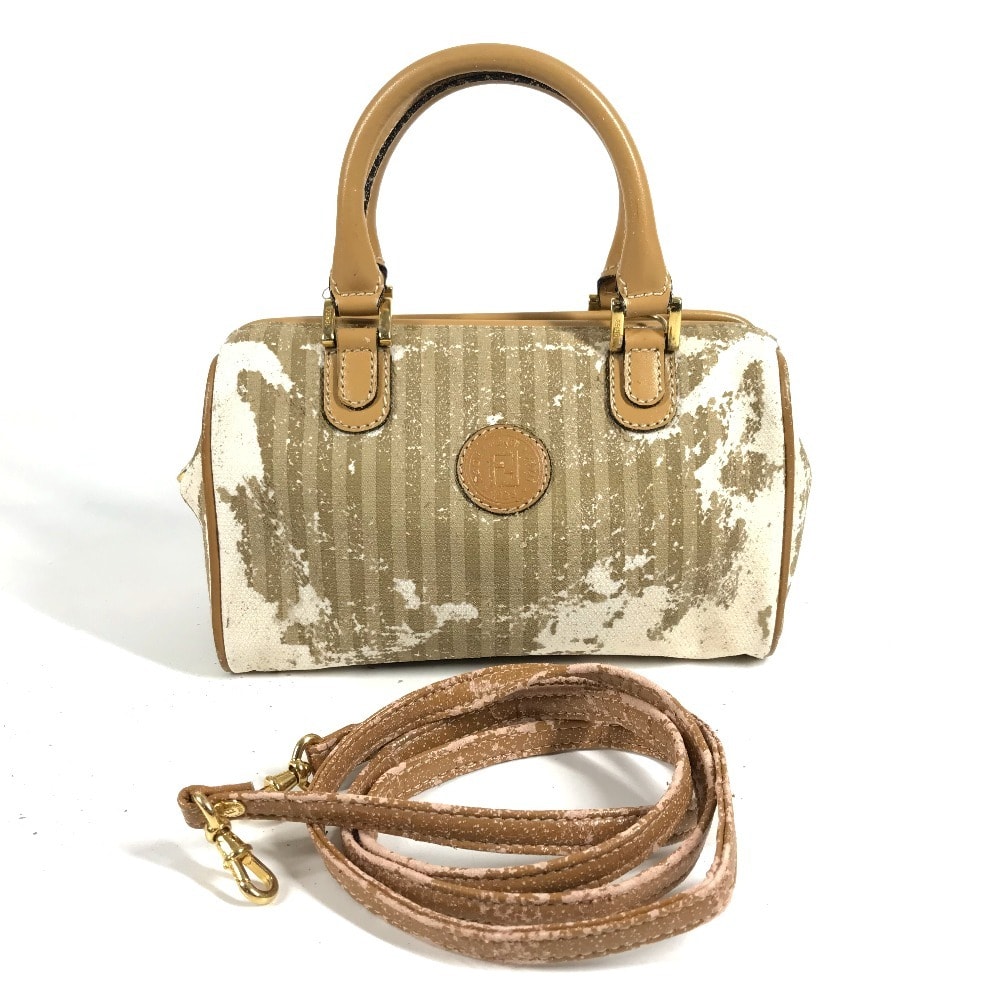 フェンディ FENDI ロゴ ストライプ ペカン ヴィンテージ カバン 2WAYバッグ ショルダーバッグ 斜め掛け ミニボストンバッグ ハンドバッグ レザー/キャンバス ベージュ
