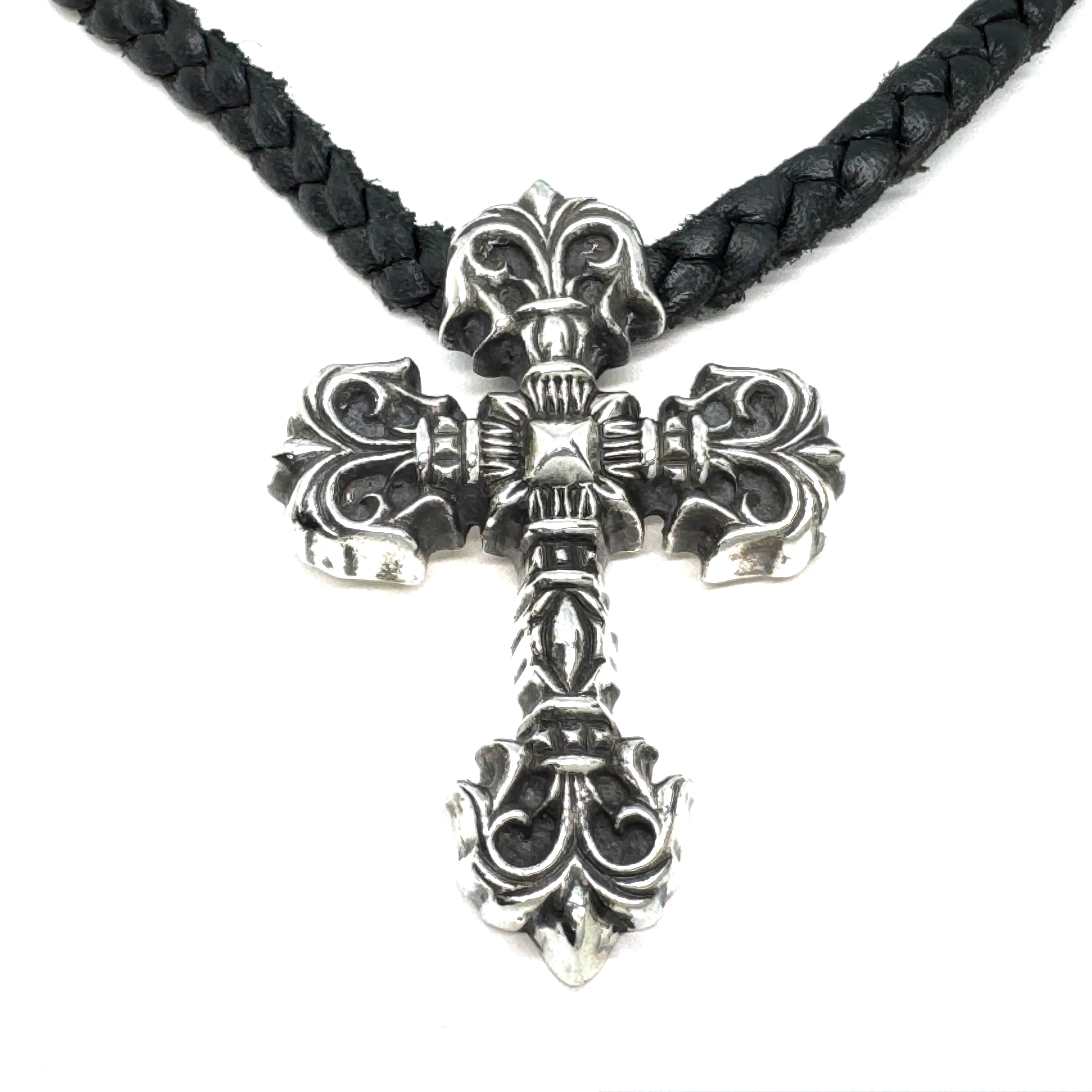 Chrome Hearts Philigrey Cross XS Leather Blade Necklace "Silver/Black"