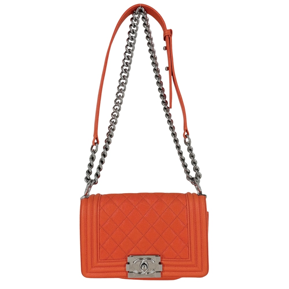 CHANEL シャネル ショルダーバッグ マトラッセ ボーイシャネル スモール ココマーク 肩掛け 斜め掛け BOY CHANEL A67085 キャビアスキン    オレンジ シルバー金具 レディース【中古品】