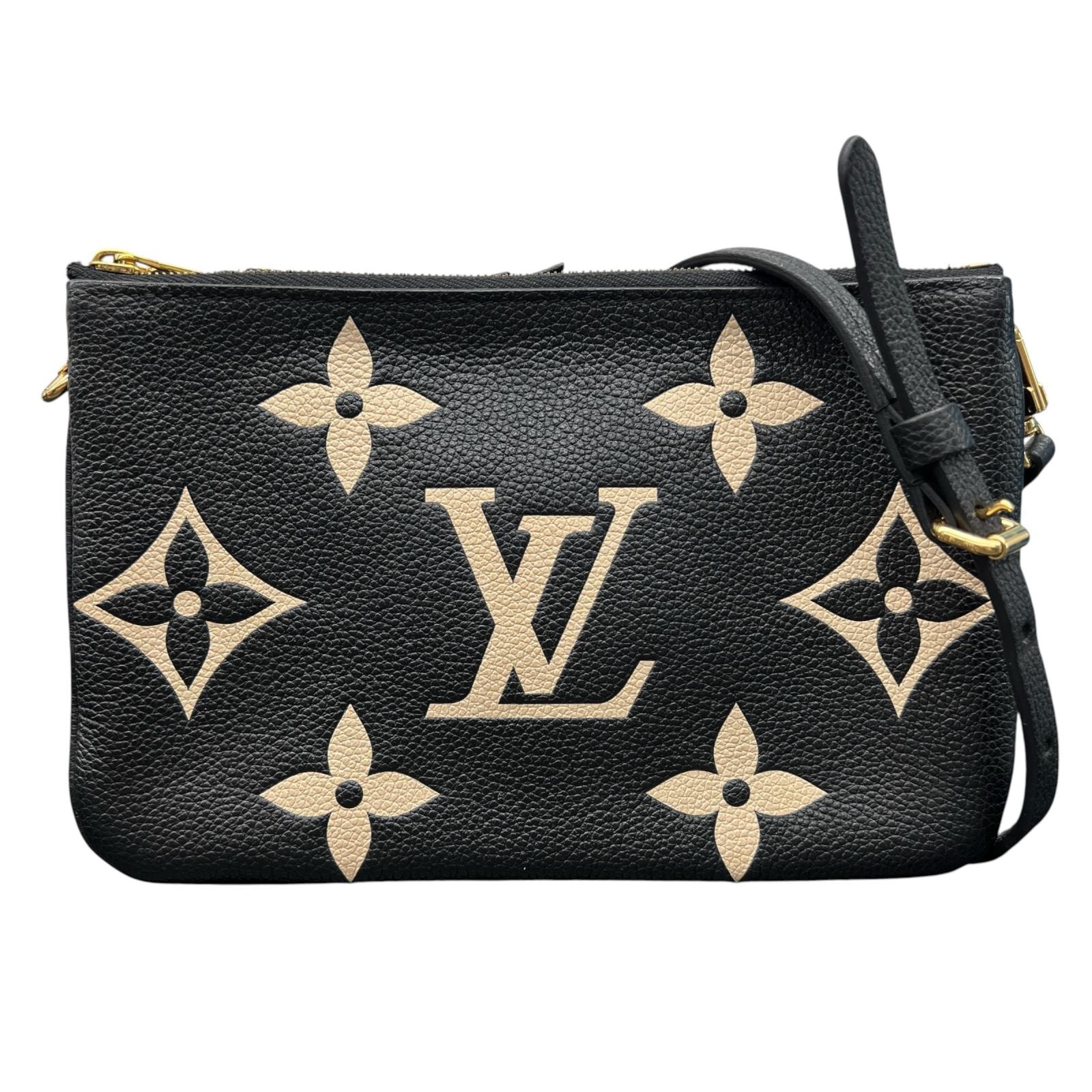 LOUIS VUITTON 美品 ルイヴィトン ポシェット ドゥーブルジップ バイカラー モノグラムアンプラント ジャイアント ショルダーバッグ M80787 レザー RFID確認済 ブラック ベージュ ポシェット LV ABランク 中古 鑑定済