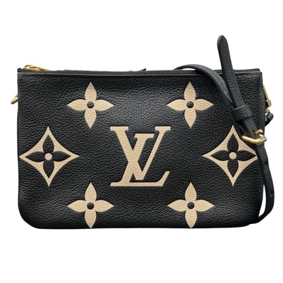 LOUIS VUITTON 美品 ルイヴィトン ポシェット ドゥーブルジップ バイカラー モノグラムアンプラント ジャイアント ショルダーバッグ M80787 レザー RFID確認済 ブラック ベージュ ポシェット LV ABランク 中古 鑑定済