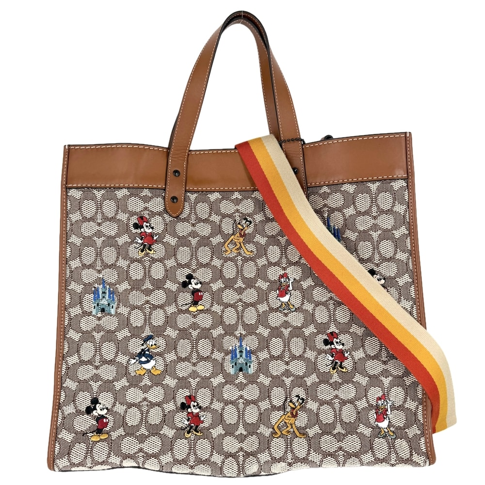 COACH コーチ 2WAY ディズニーコラボ フィールドトート40 トートバッグ ショルダーバッグ 肩掛け 斜め掛け ハンドバッグ シグネチャー ウィズ ミッキーマウス C8492 キャンバス  レザー   ブラウン 茶 ガンメタル金具 レディース【中古品】
