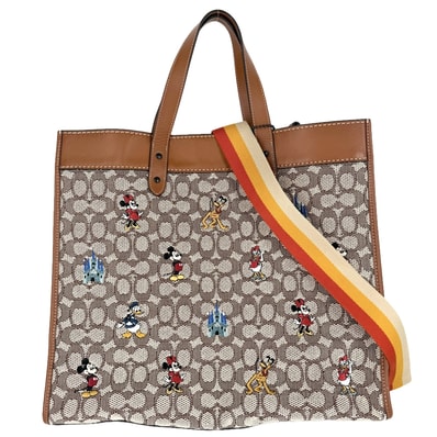 COACH コーチ 2WAY ディズニーコラボ フィールドトート40 トートバッグ ショルダーバッグ 肩掛け 斜め掛け ハンドバッグ シグネチャー ウィズ ミッキーマウス C8492 キャンバス レザー ブラウン 茶 ガンメタル金具 レディース【中古品】