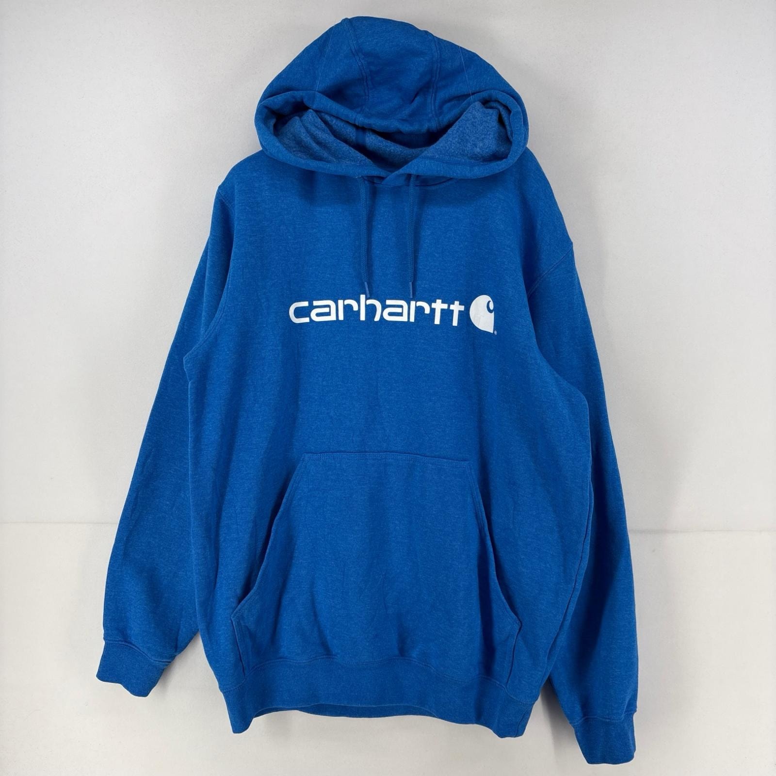 古着 カーハート Carhartt パーカー プルオーバー スウェット ロゴ プリント M ブルー プリント メンズ