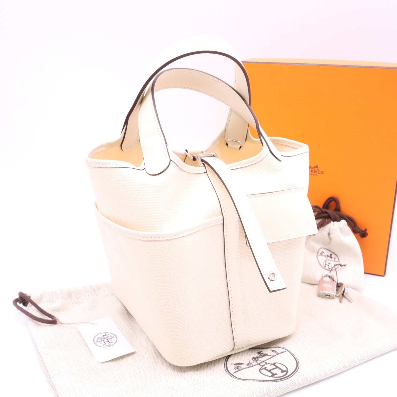 極美品 HERMES エルメス トワルゴエラン ピコタンロック カーゴPM - ハンドバッグ アイボリー アイボリー キャンバス レザー レディース