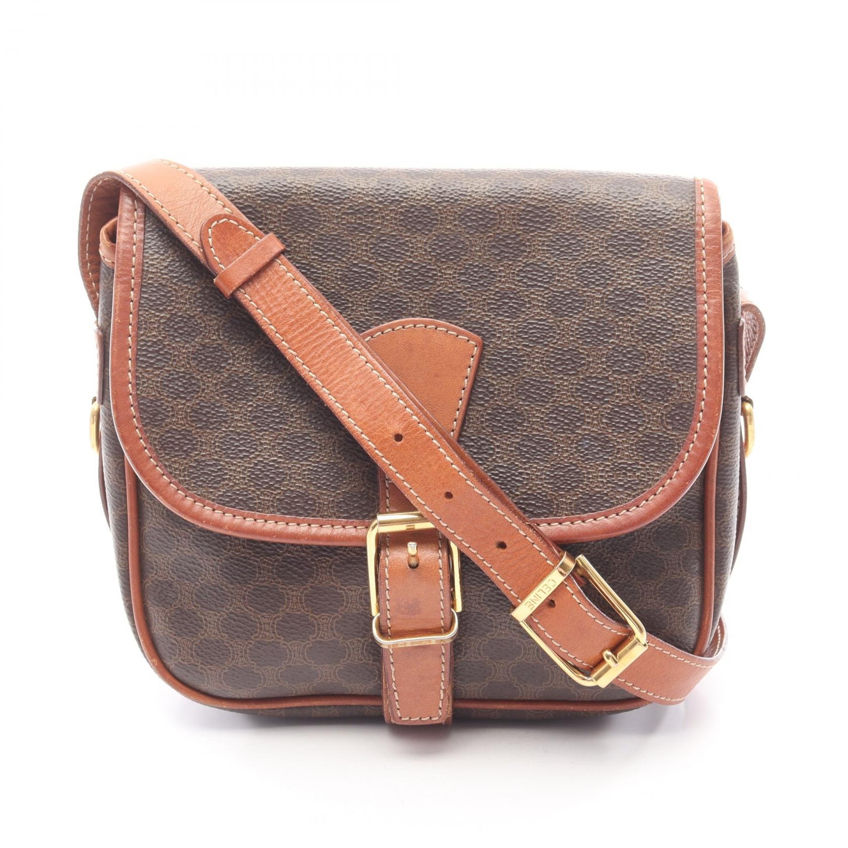 セリーヌ CELINE マカダム ショルダーバッグ バッグ PVCコーティングキャンバス レザー レディース ブラウン系 【中古】